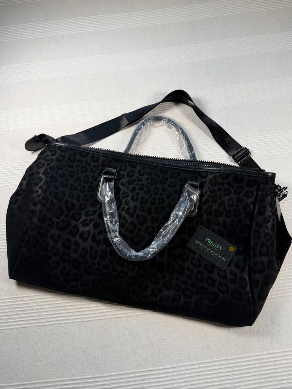 Privata Black Leopard-Print Travel Duffel with Detachable Strap